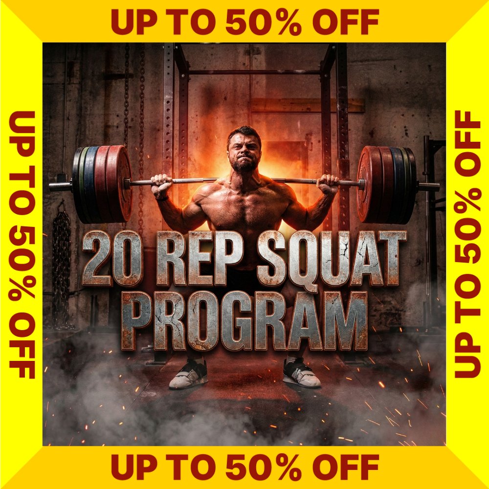20 Rep Squat Program cover with a discount banner on a white background (Torokhtiy Weightlifting)