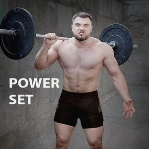 A training program set for powerlifting, including three programs focused on different aspects of strength training. The image features a shirtless man with a beard holding a barbell across his shoulders, standing in a gym setting.(Torokhtiy Weightlifting)