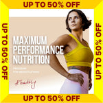 maximum performance nutrition program cover with a woman in athletic wear and promotional text 'up to 50% off' (Torokhtiy Weightlifting)
