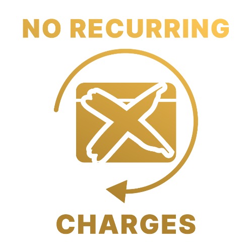 Gold icon with a white 'X' inside a square, surrounded by text 'NO RECURRING CHARGES' on a white background. (Torokhtiy Weightlifting)