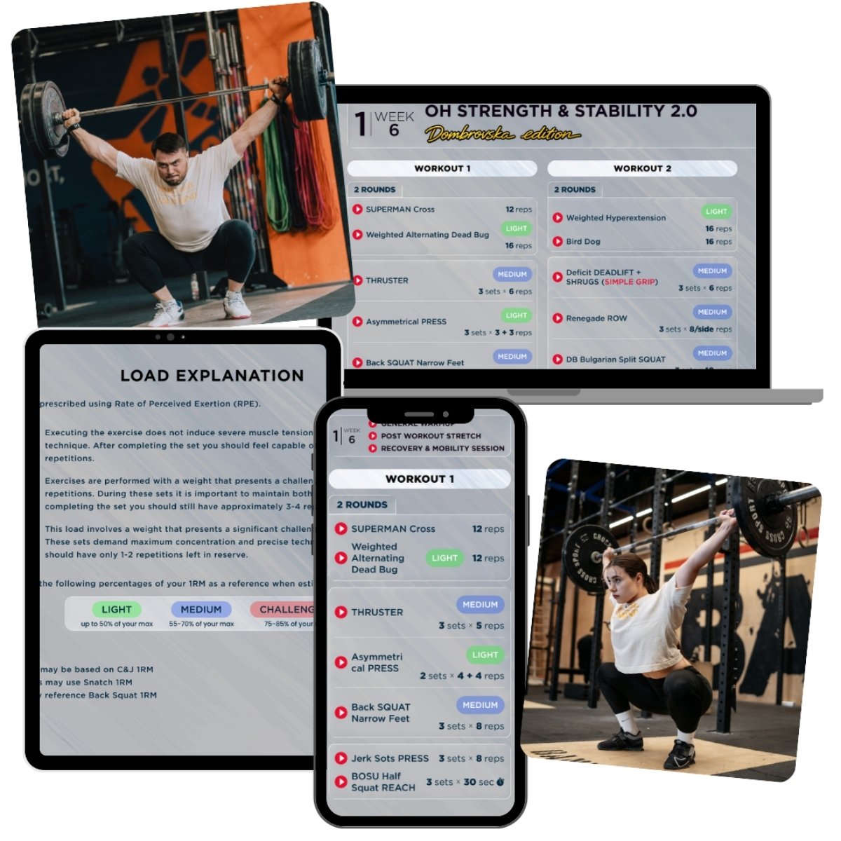OVERHEAD STRENGTH STABILITY 2.0 collage of images including a person lifting weights, digital workout programs on screens, and exercise explanations (Torokhtiy Weightlifting)