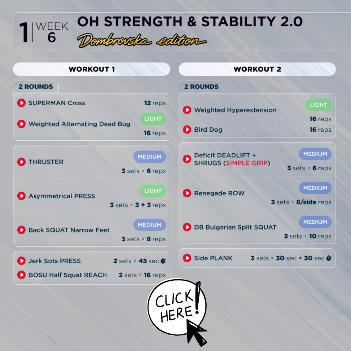 Workout schedule for 'OVERHEAD STRENGTH STABILITY 2.0 DOMBROVSKA EDITION' featuring two workouts with exercises and reps (Torokhtiy Weightlifting)