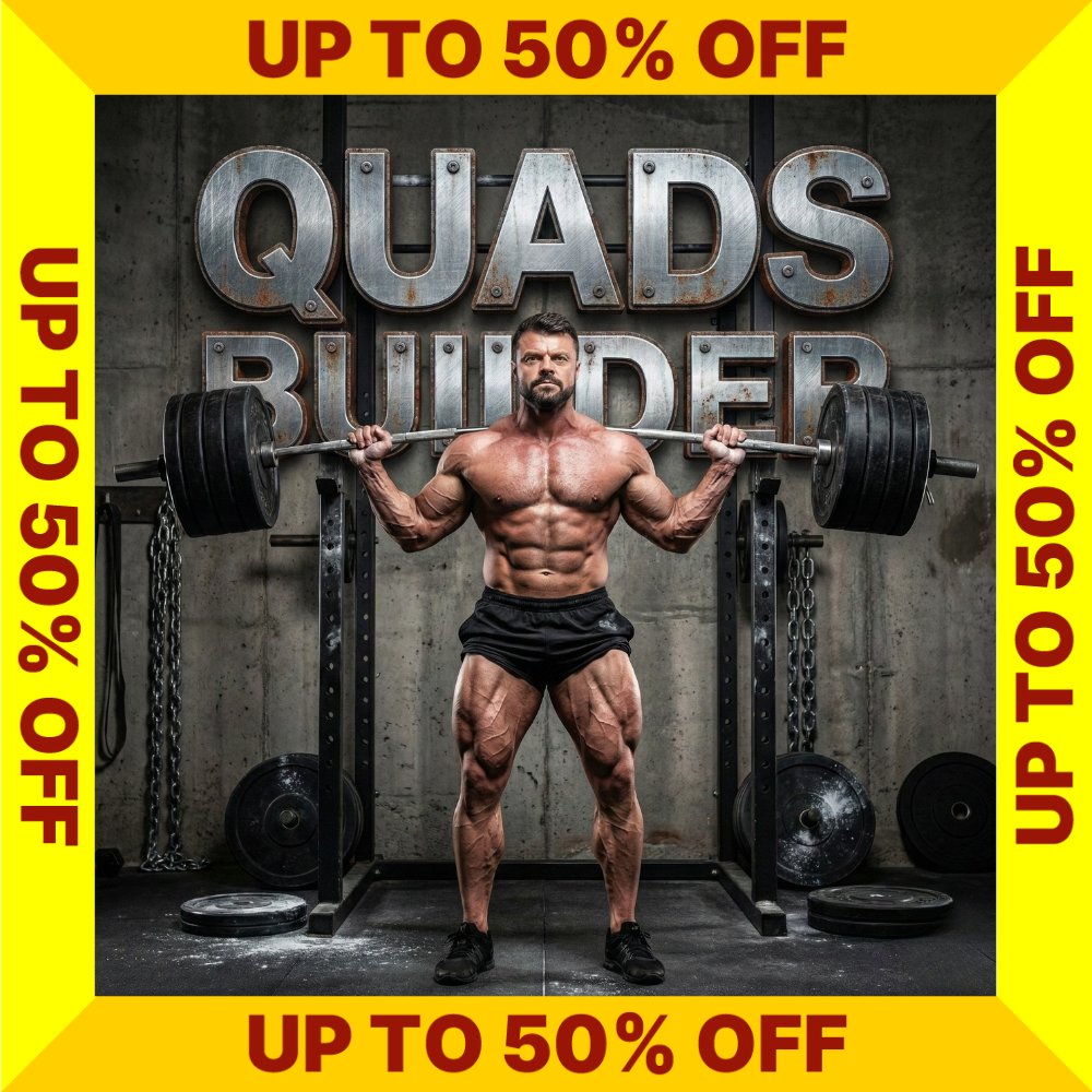 Quads Builder Program cover with a muscular man lifting weights, surrounded by 'Up to 50% Off' text on a yellow border. (Torokhtiy Weightlifting)