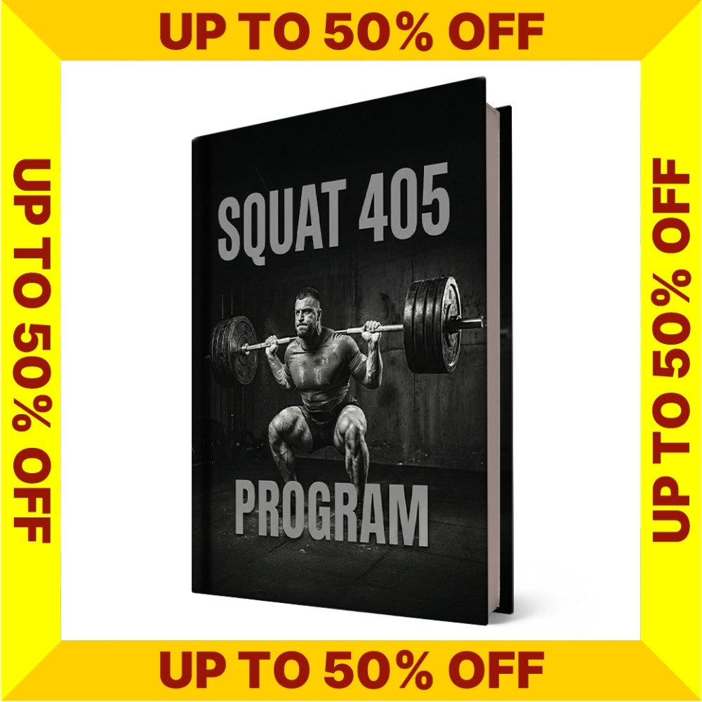 Book titled 'Squat 405 Program' with a discount banner on a white background (Torokhtiy Weightlifting)