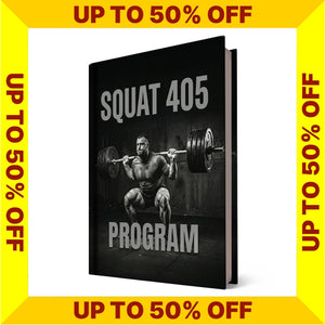 Book titled 'Squat 405 Program' with a discount banner on a white background (Torokhtiy Weightlifting)