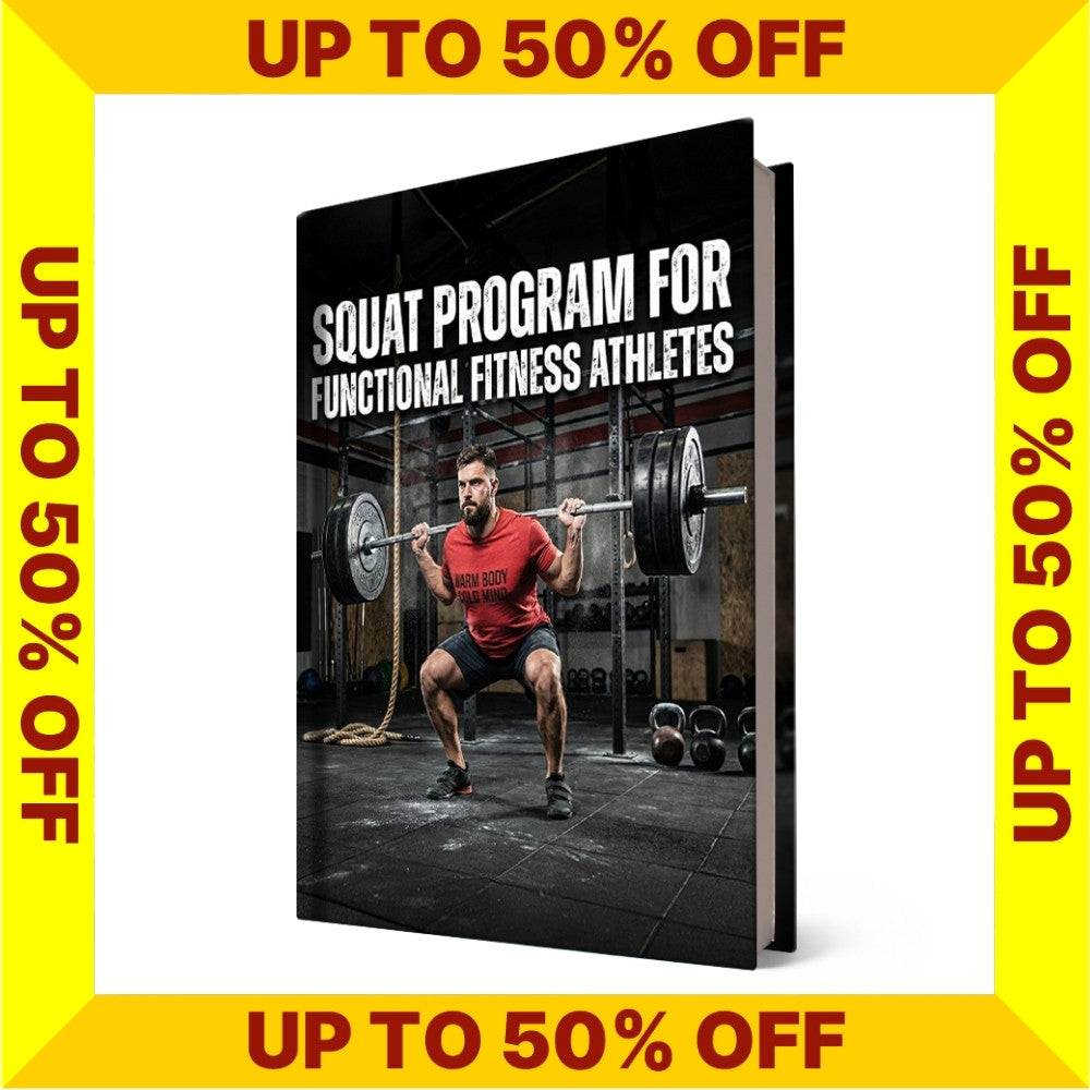 Book titled 'Squat Program for Functional Fitness Athletes' with promotional text on a yellow border (Torokhtiy Weightlifting)