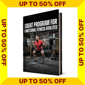 Book titled 'Squat Program for Functional Fitness Athletes' with promotional text on a yellow border (Torokhtiy Weightlifting)