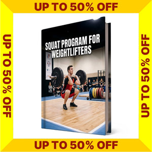 Book titled 'Squat Program for Weightlifters' with promotional text on a yellow border (Torokhtiy Weightlifting)
