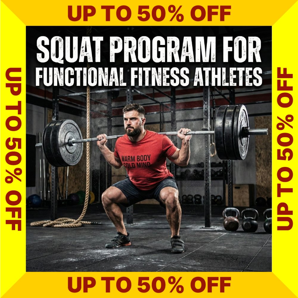 Squat Program for Functional Fitness Athletes cover with promotional text on a yellow border (Torokhtiy Weightlifting)