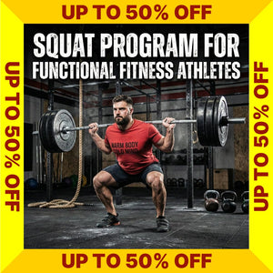 Squat Program for Functional Fitness Athletes cover with promotional text on a yellow border (Torokhtiy Weightlifting)