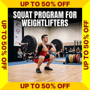 Squat Program for Weightlifters cover with promotional text on a yellow border (Torokhtiy Weightlifting)