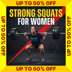 Strong Squats for Women Program with promotional text on a yellow border (Torokhtiy Weightlifting)
