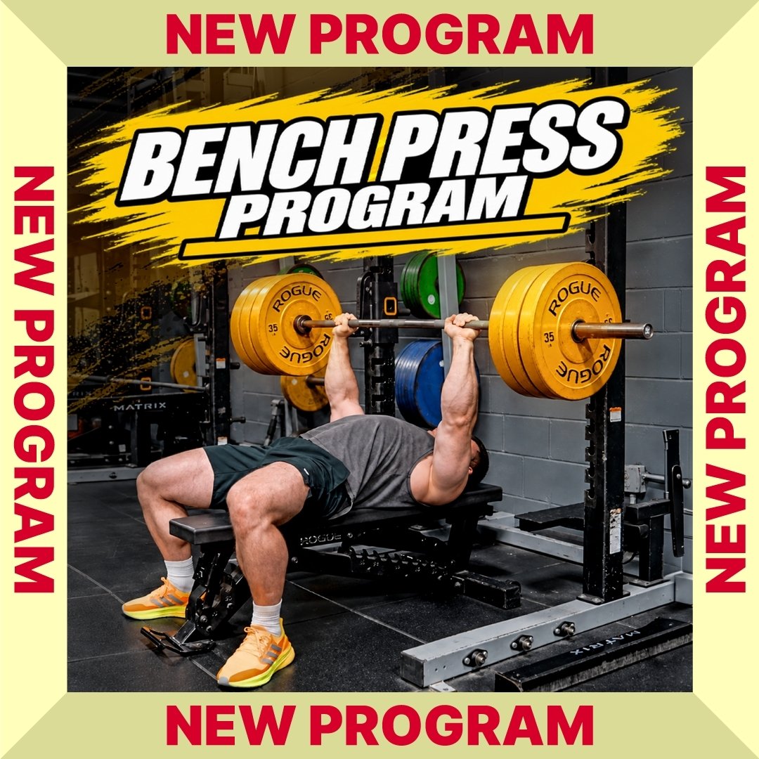 Promotional graphic for a 'Bench Press' program, featuring a man performing a bench press with a barbell loaded with yellow Rogue plates in a gym. The graphic has a beige border with red text reading 'NEW PROGRAM' on the left and right sides, and 'NEW PROGRAM' at the top and bottom - Torokhtiy Weightlifting