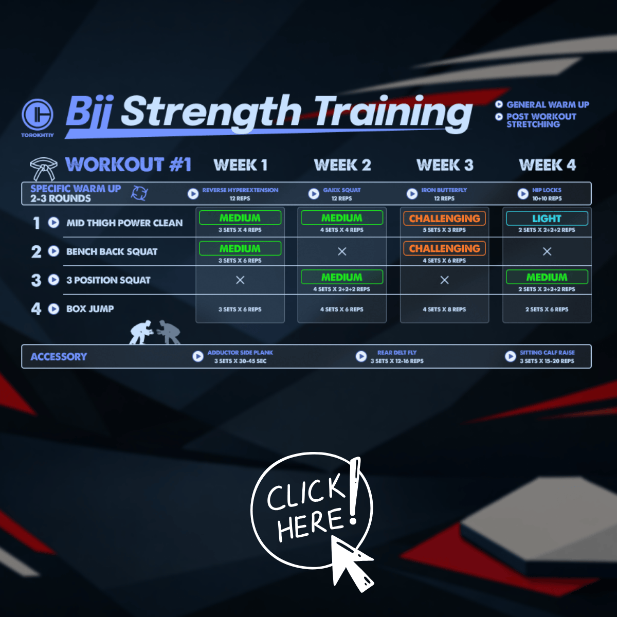 Bii Strength Training workout plan with exercise details and progression on a dark background from Oleksiy Torokhtiy