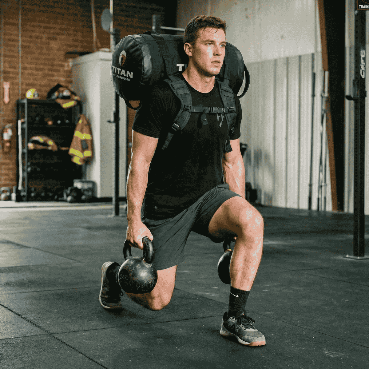 Man performing a squat exercise with kettlebells and a backpack in a gym setting