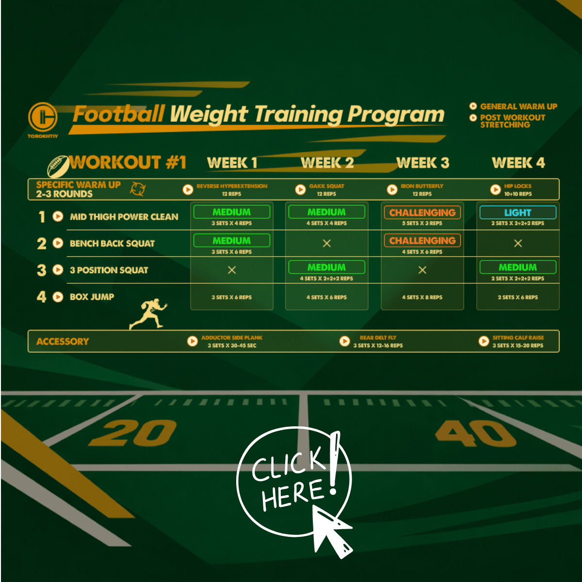 Football weight training program with workout schedule on a green background from Oleksiy Torokhtiy