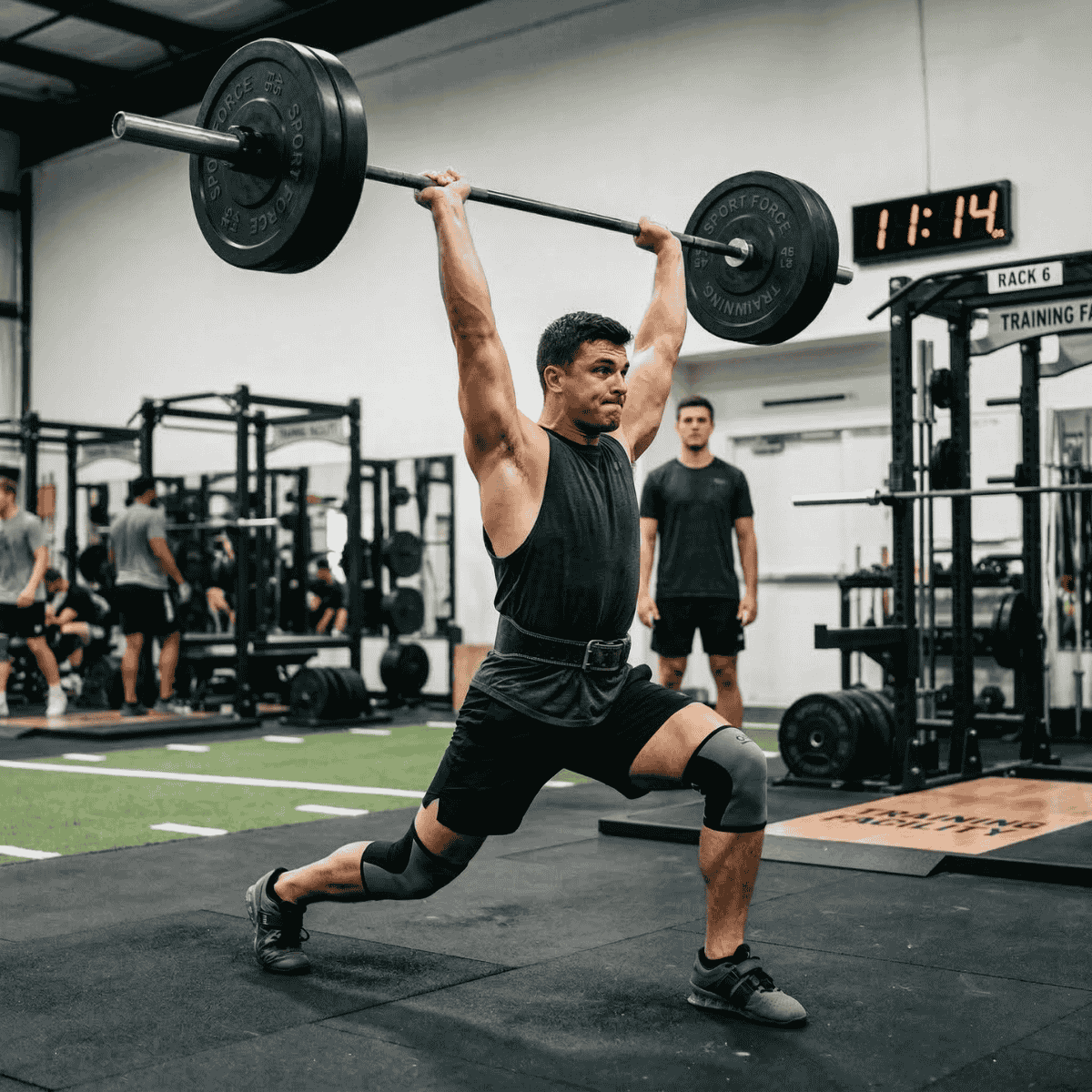 Man lifting a barbell in a gym setting with other people and equipment in the background.