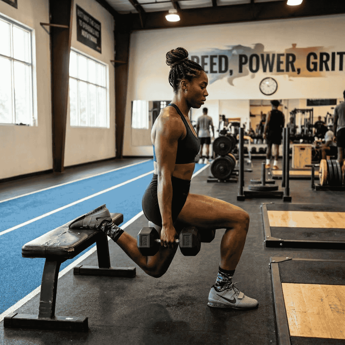 Woman exercising with dumbbells in a gym setting