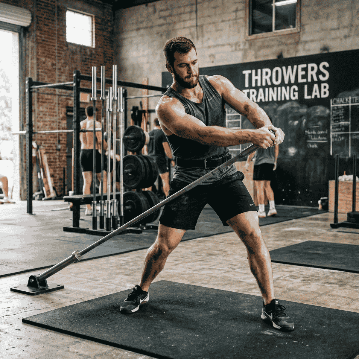 Athlete performing a throwing motion with a tool in a gym setting.