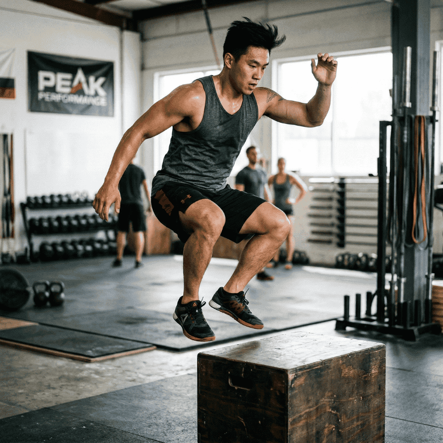 Man performing a box jump in a gym setting with 'Peak Performance' branding.