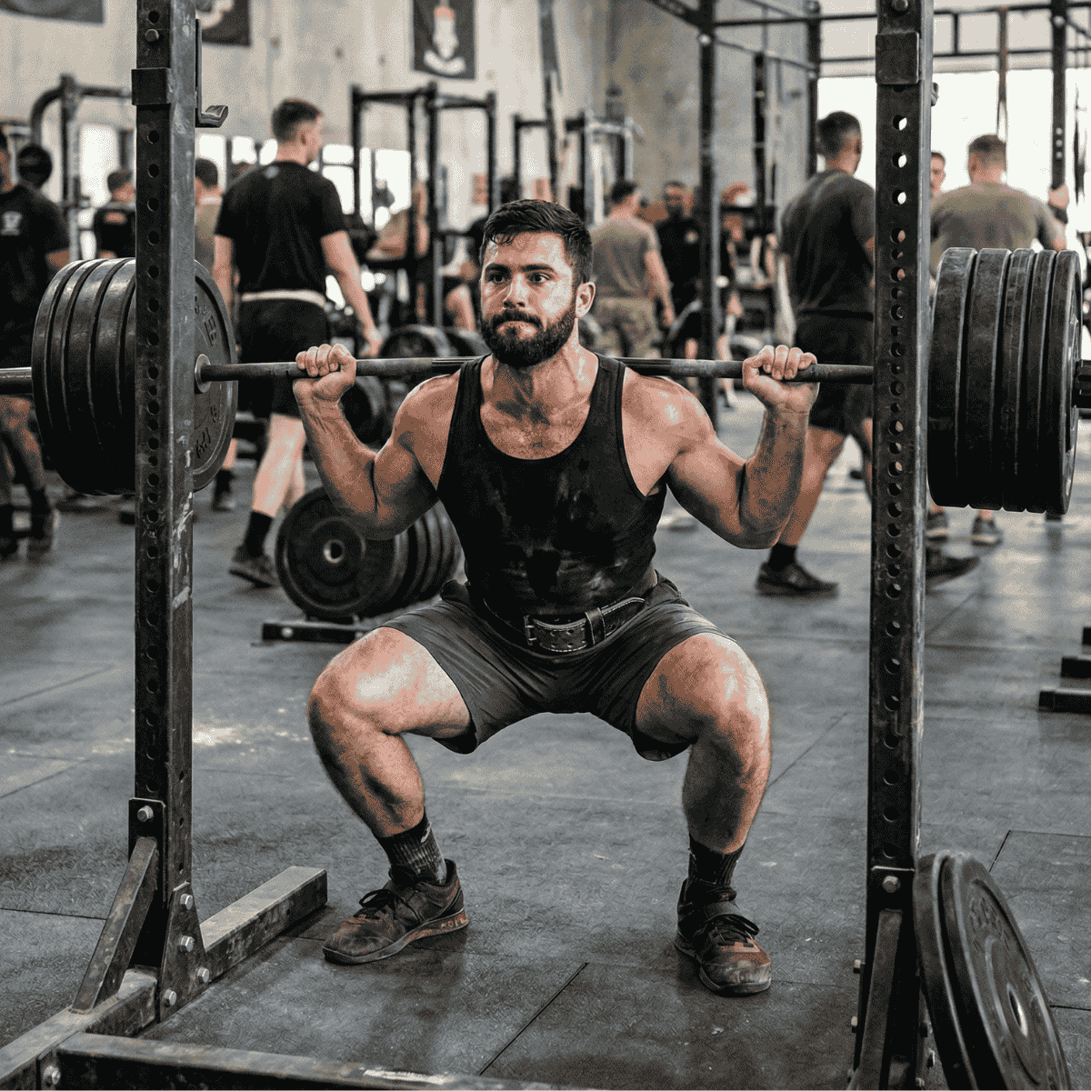 Man performing squats with a barbell in a gym setting