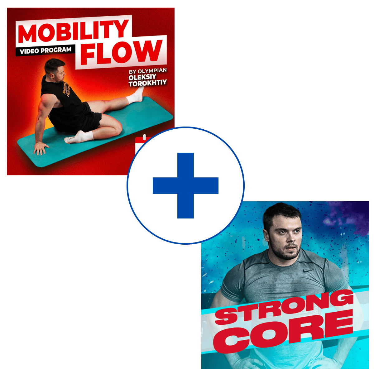 Two fitness product images with 'Mobility Flow' and 'Strong Core' by Oleksiy Torokhtiy
