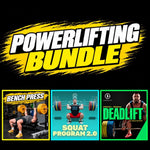 Promotional graphic for a powerlifting bundle, featuring a large yellow and white 'POWERLIFTING BUNDLE' title on a black background, with three smaller program panels below: Bench Press, Squat Program 2.0, and Deadlift - Torokhtiy Weightlifting