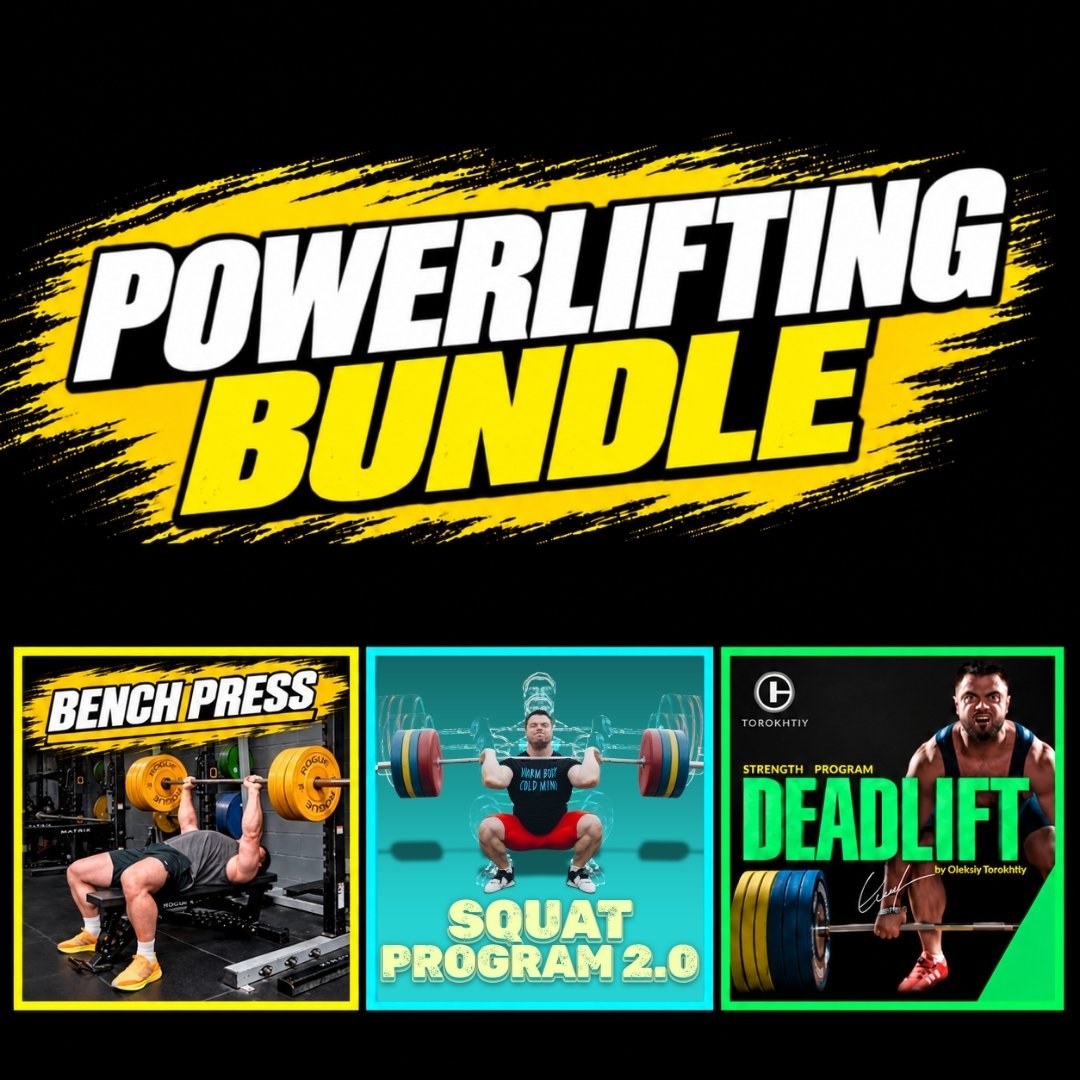 Promotional graphic for a powerlifting bundle, featuring a large yellow and white 'POWERLIFTING BUNDLE' title on a black background, with three smaller program panels below: Bench Press, Squat Program 2.0, and Deadlift - Torokhtiy Weightlifting
