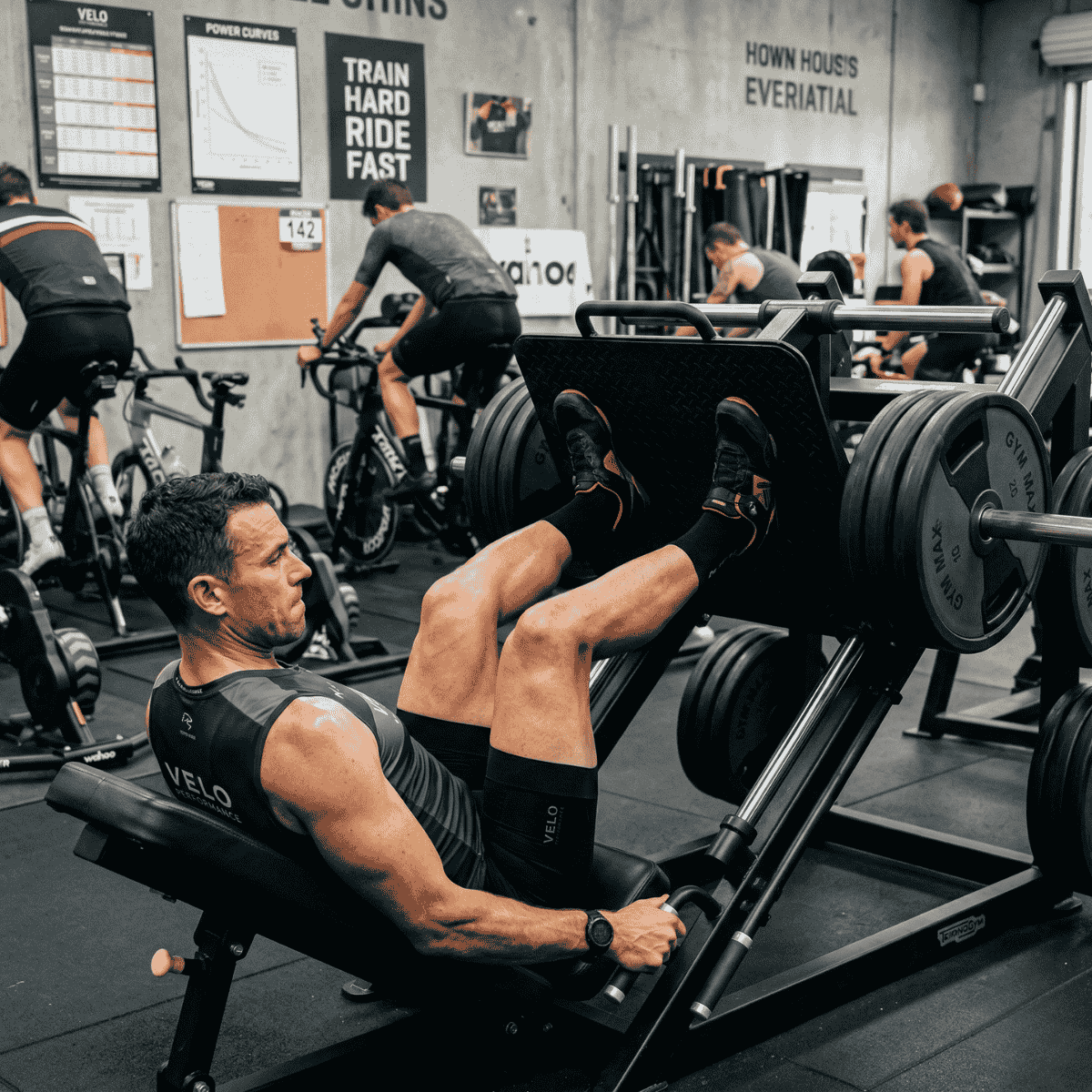 Man exercising on a leg press machine in a gym setting with other gym-goers in the background.