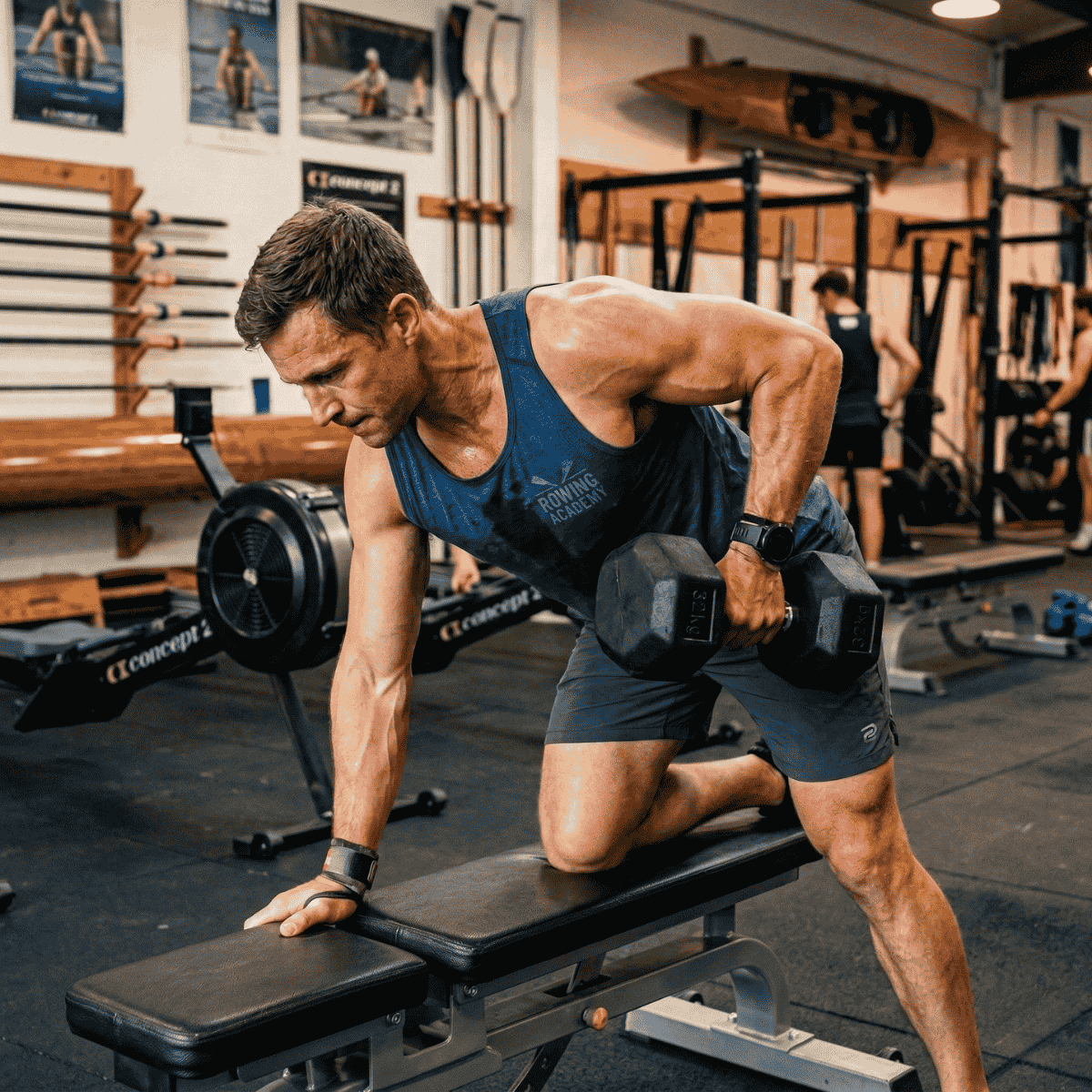 Man exercising with dumbbells in a gym setting