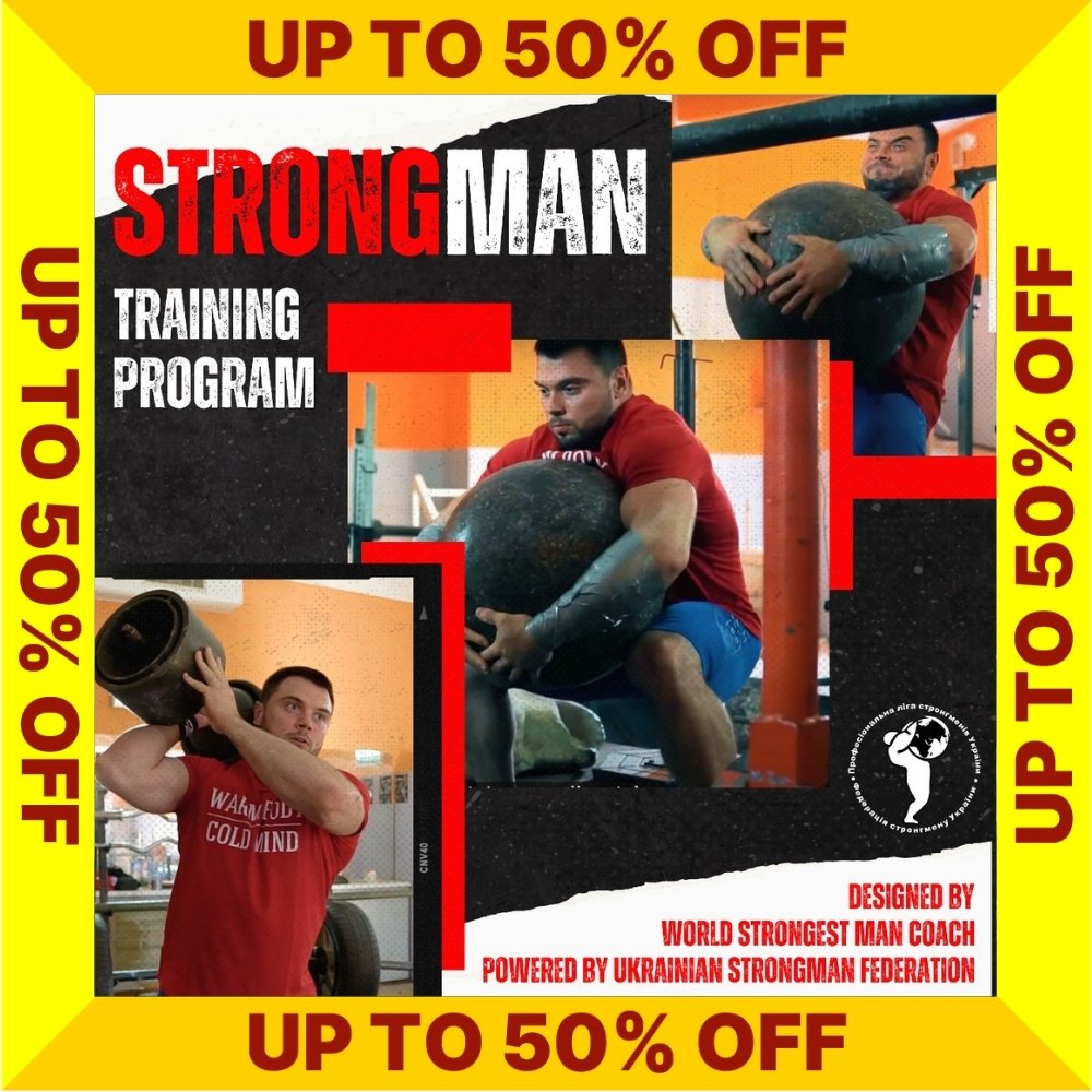 Strongman Training Program cover with promotional text for a discount on a yellow border. (Torokhtiy Weightlifting)