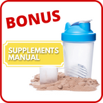 Shaker bottle with blue lid and supplements manual on a white background (Torokhtiy Weightlifting)