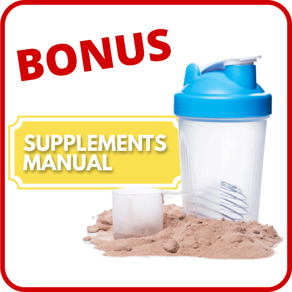 Shaker bottle with blue lid and supplements manual on a white background (Torokhtiy Weightlifting)
