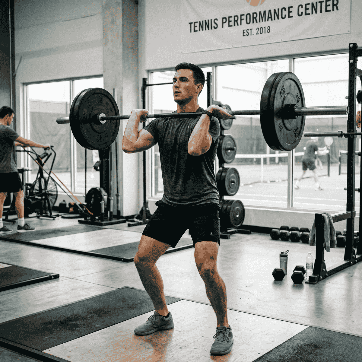 Man lifting weights in a gym with 'Tennis Performance Center' sign in the background