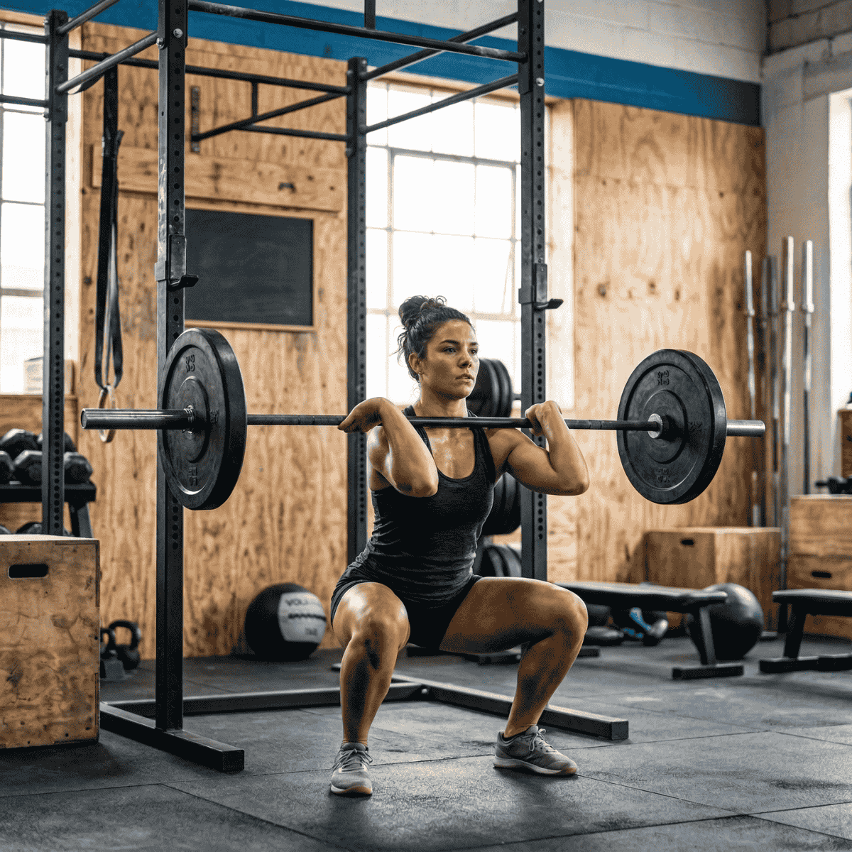 Woman performing squats with a barbell in a gym setting