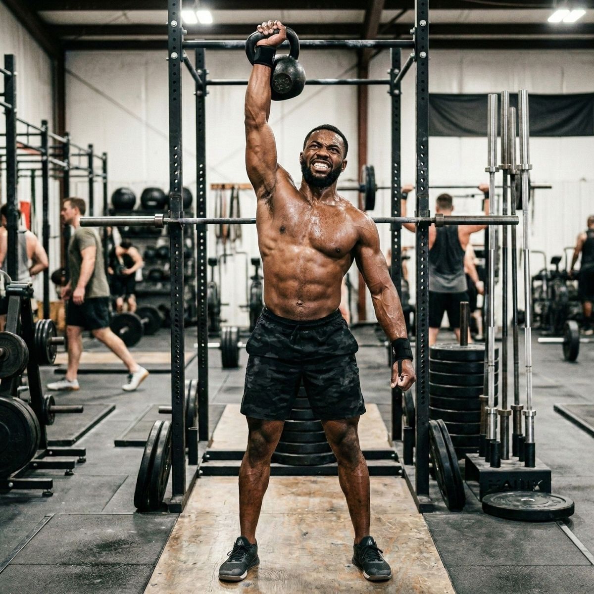 Man lifting a kettlebell in a gym setting with other people and equipment in the background