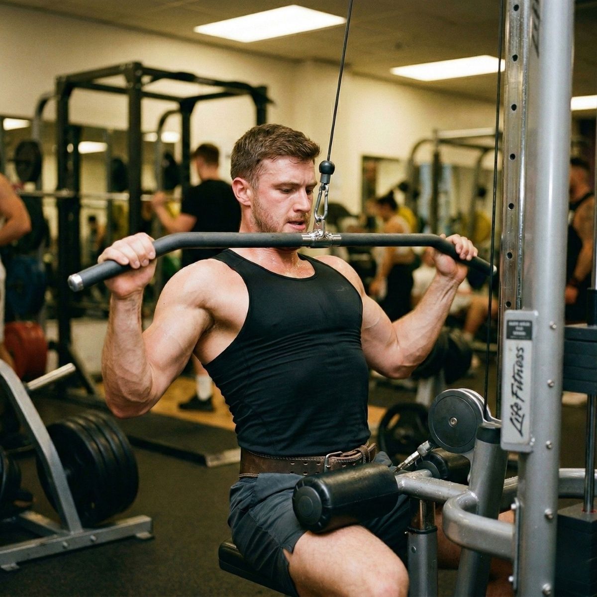 Man exercising on a cable machine in a gym